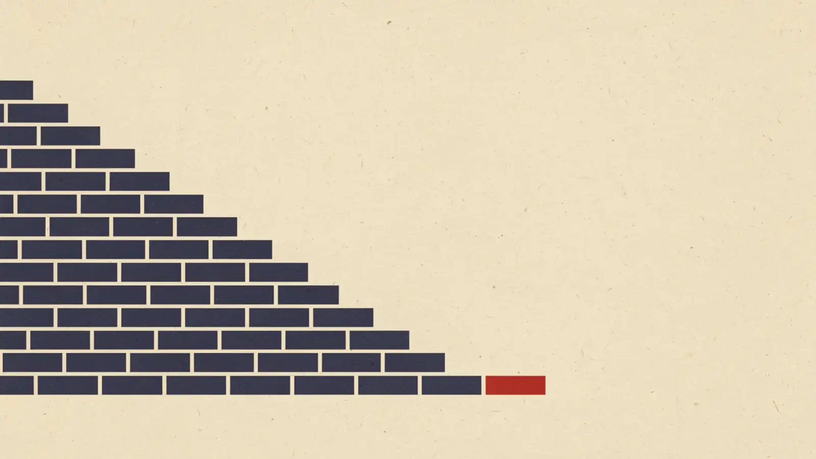 A staircase of dark blue bricks that narrows from left to right, with a single red brick at the bottom of the far end.