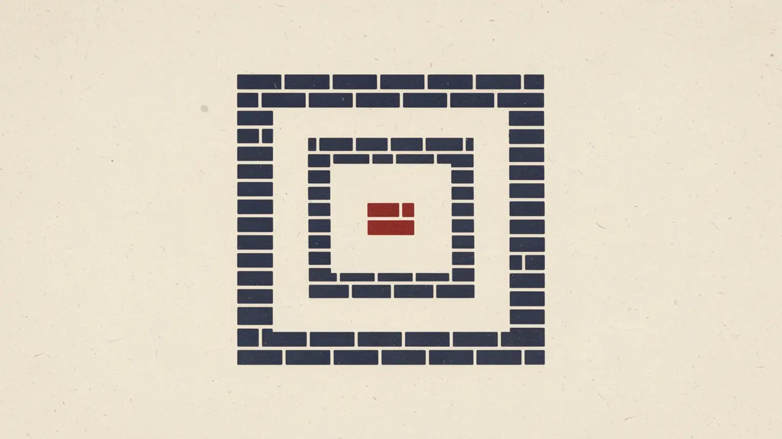 Three square outlines made of dark blue bricks, one inside the other, with two red bricks in the innermost square.
