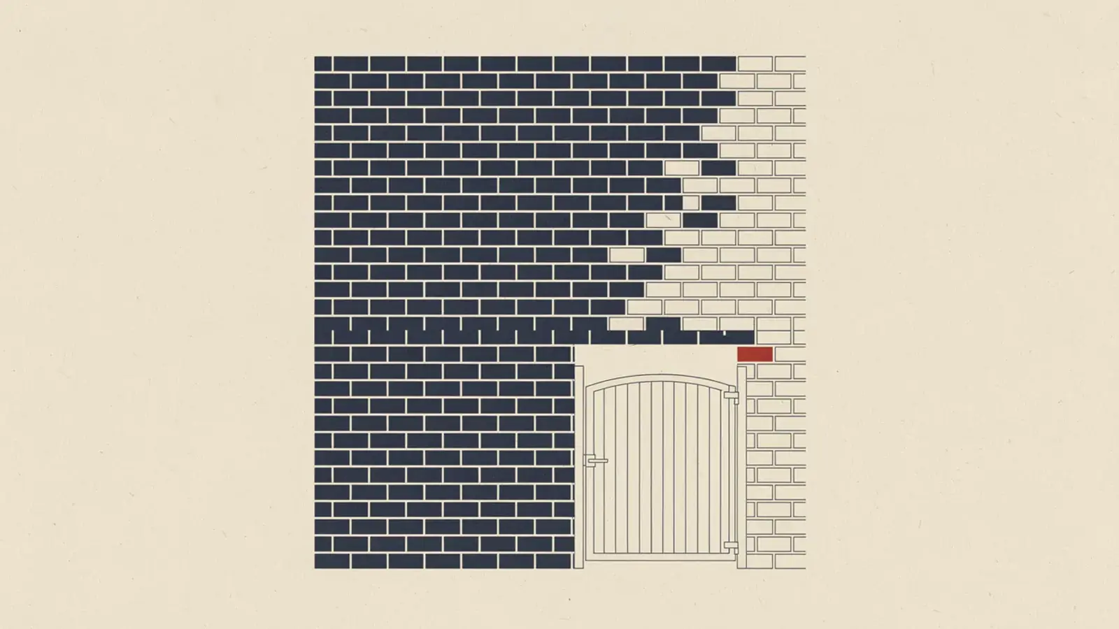 A dark blue brick wall that fades into a pale outline on the right, with a gate in the lower middle and one small red brick above it.