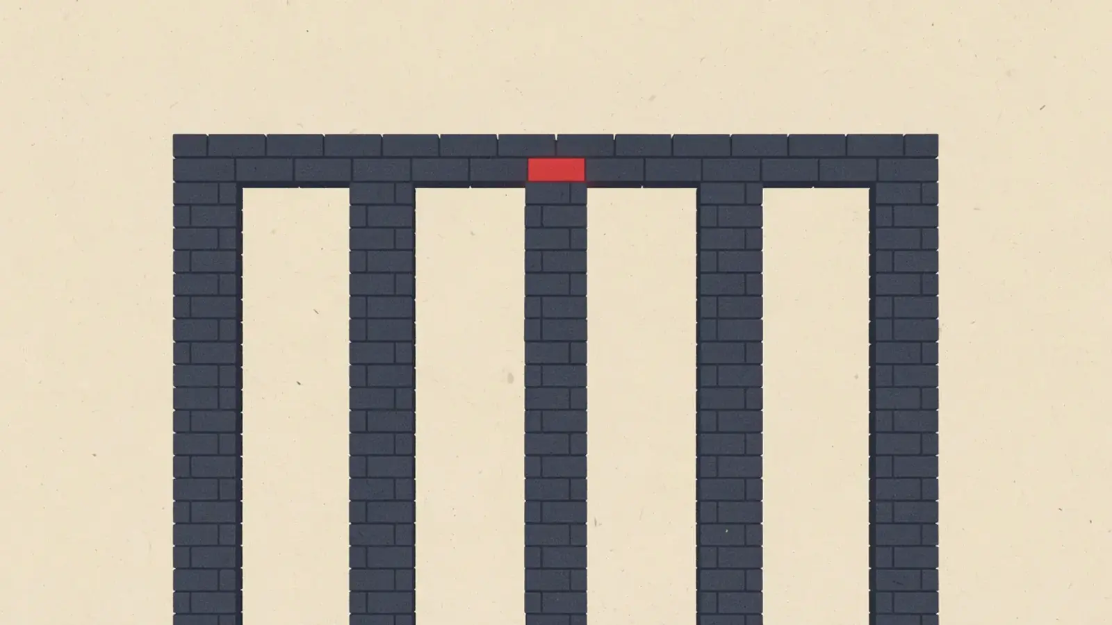 Five dark blue brick pillars of equal height joined across the top by one level beam, with a red brick in the middle of the beam.