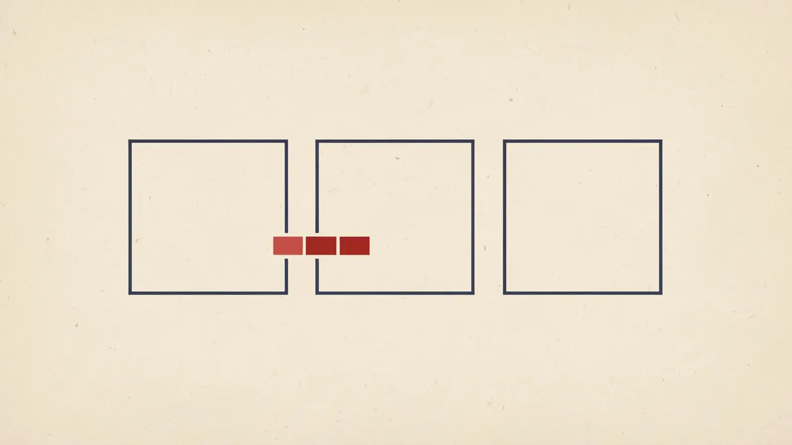 Three empty outlined rectangles side by side, with a short row of red bricks sitting in the gap between the first two.